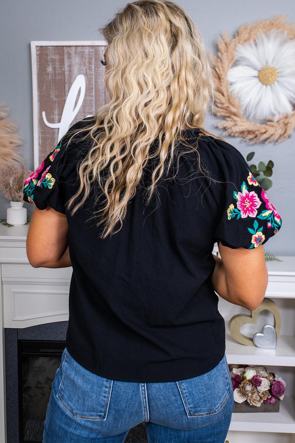 Floral Embroidered Bubble Sleeve Frill V Neck Top