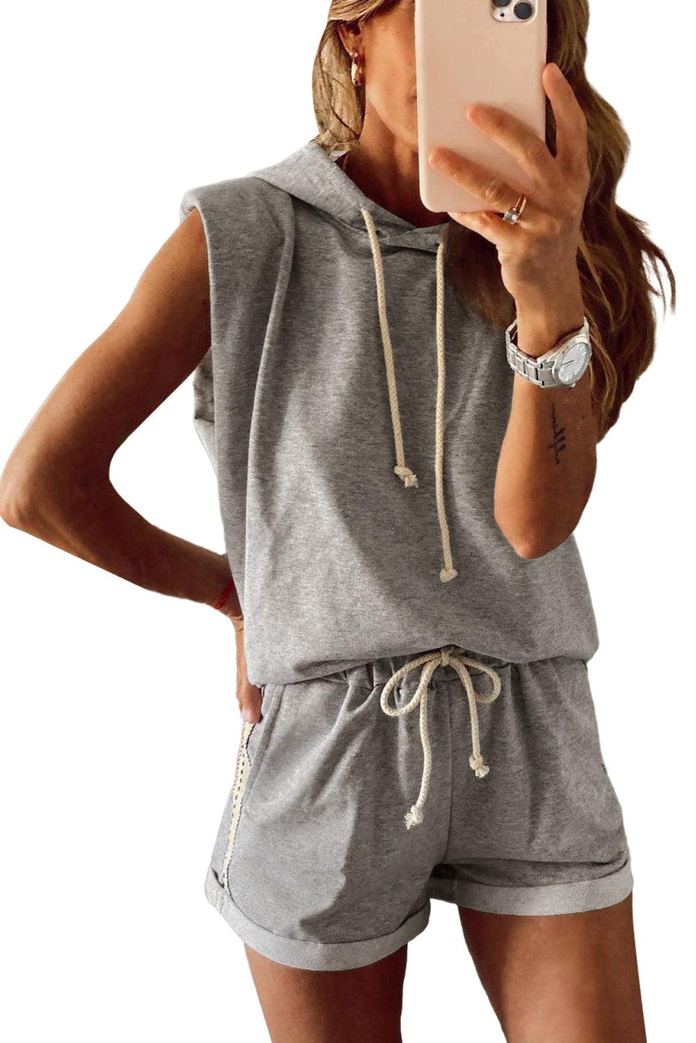 Gray Drawstring Sleeveless Hoodie and Shorts Set - L & M Kee, LLC