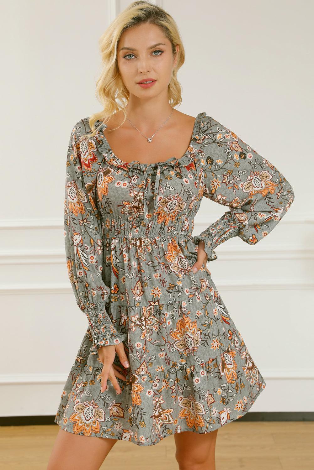 Multicolour Floral Long Sleeve Frilled U-Neck Ruffled Dress - L & M Kee, LLC