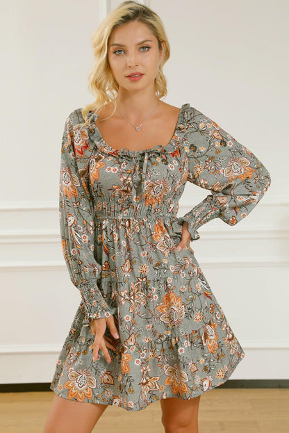 Multicolour Floral Long Sleeve Frilled U-Neck Ruffled Dress - L & M Kee, LLC