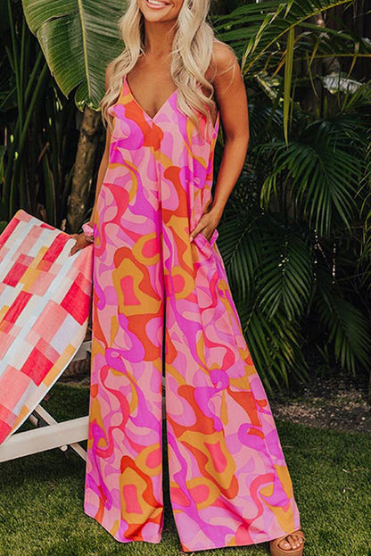 Pink Boho Abstract Print V Neck Wide Leg Jumpsuit - L & M Kee, LLC