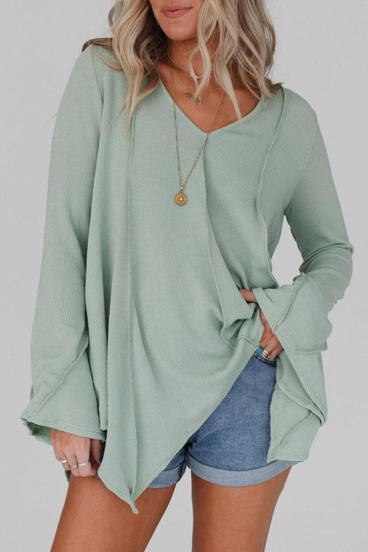 Ribbed Expose Seam Bell Sleeve Top - L & M Kee, LLC