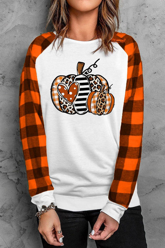 Halloween Pumpkin Graphic Plaid Raglan Long Sleeve Top - L & M Kee, LLC