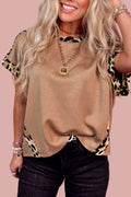 Light French Beige Leopard Trim Round Neck Loose T Shirt