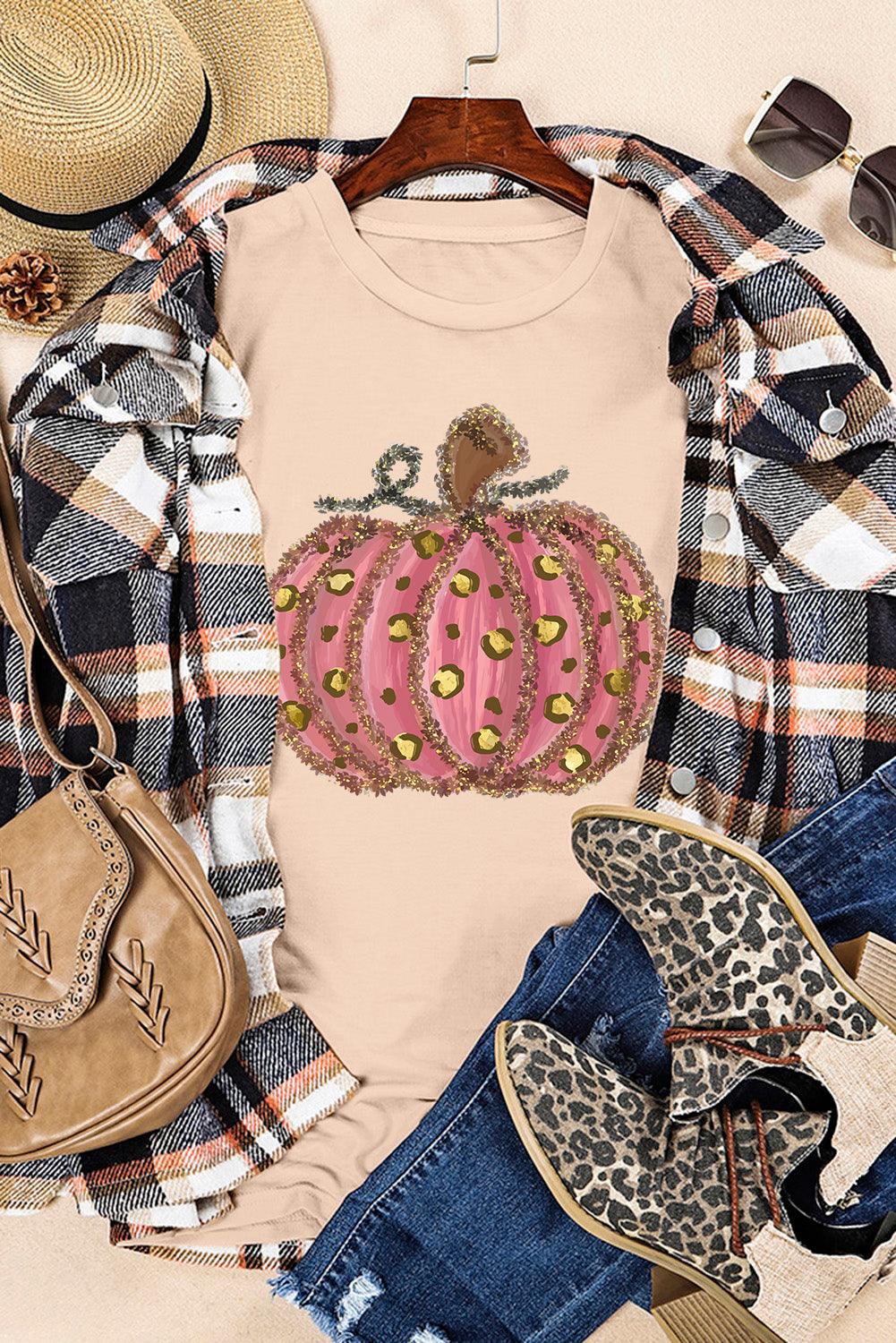 Khaki Cheetah Pumpkin Print Round Neck T Shirt - L & M Kee, LLC