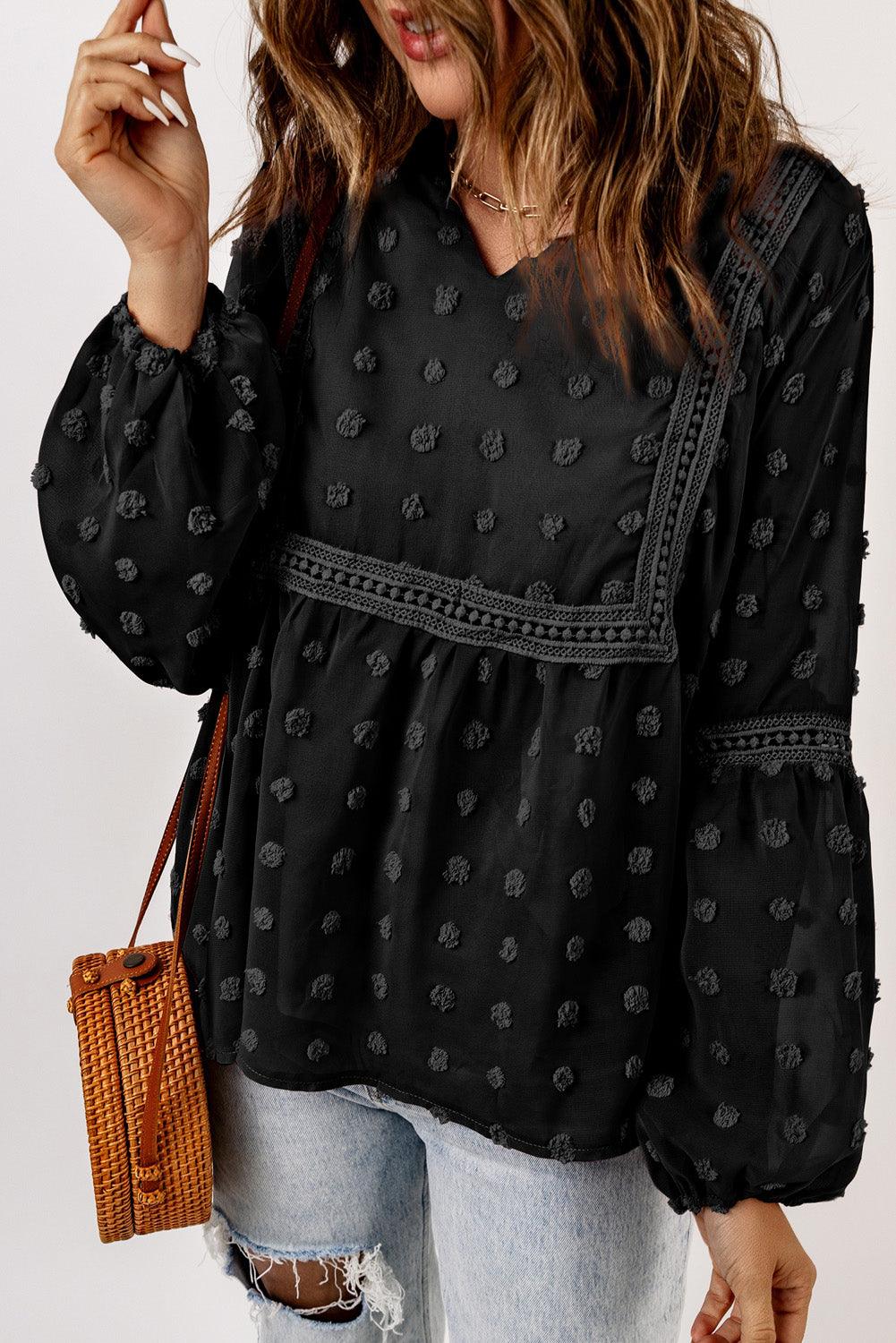 Blue Ruffled Split Neck Lace Hollow Out Puff Sleeve Polka Dot Blouse - L & M Kee, LLC