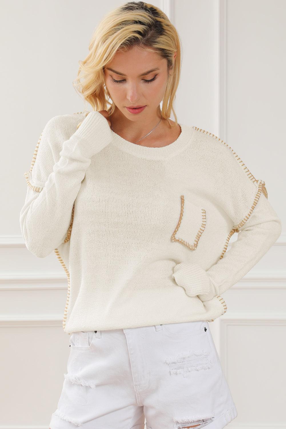 Beige Exposed Stitching Chest Pocket Drop Shoulder Sweater - L & M Kee, LLC