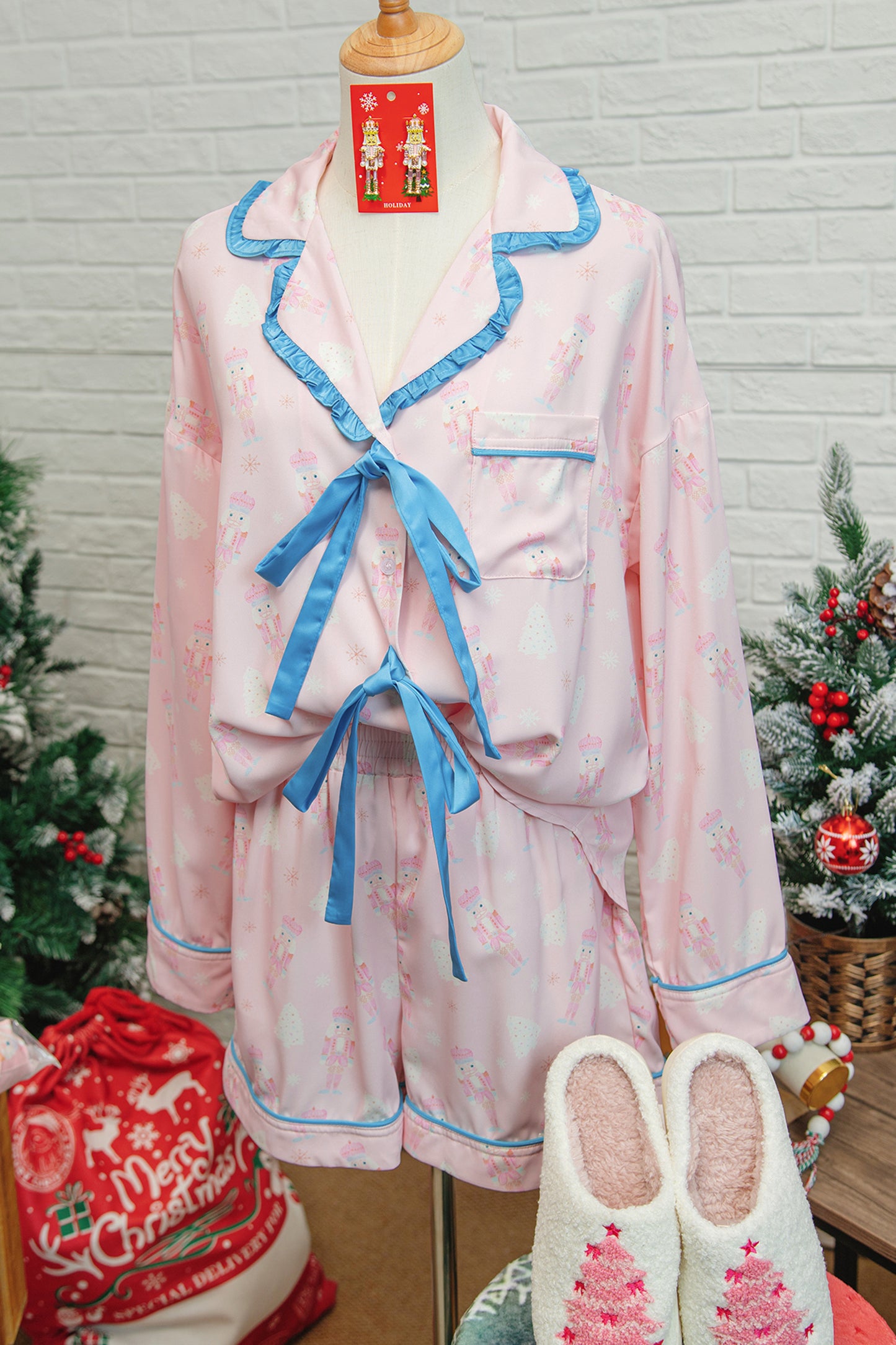 Pink Bow Tie Front Christmas Nutcracker Long Sleeve Shirt Shorts Pajama Set