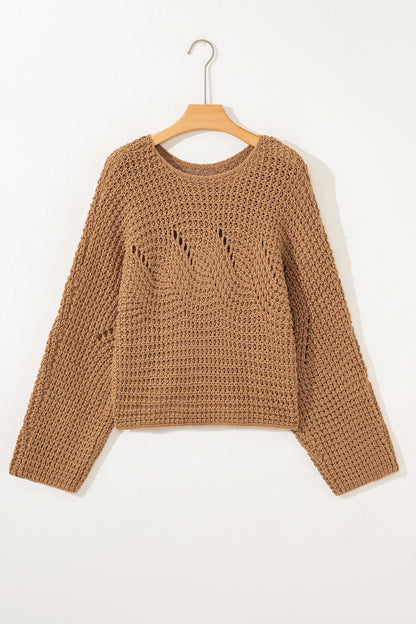 Camel Hollowed Detail Wide Sleeve Loose Pullover Sweater
