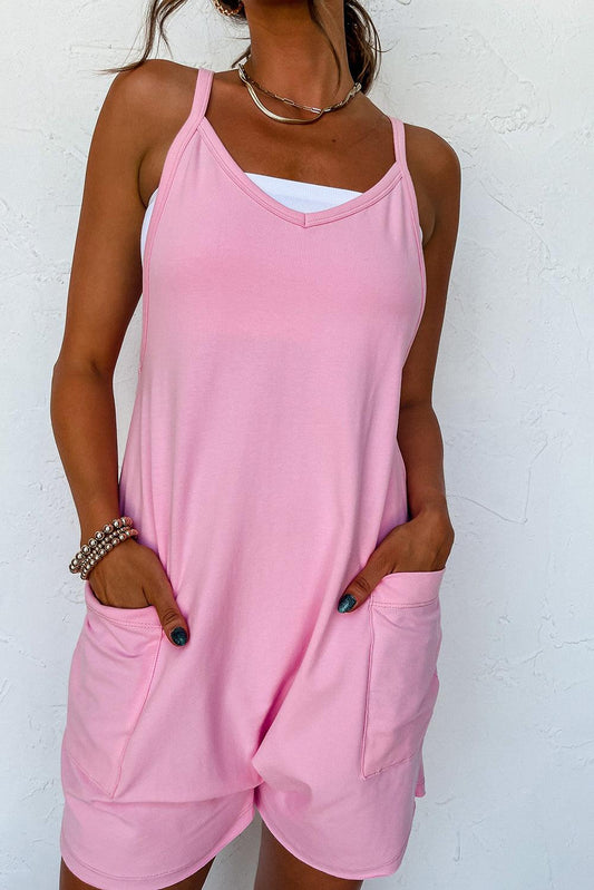 Pink Spaghetti Straps V Neck Jersey Romper - L & M Kee, LLC