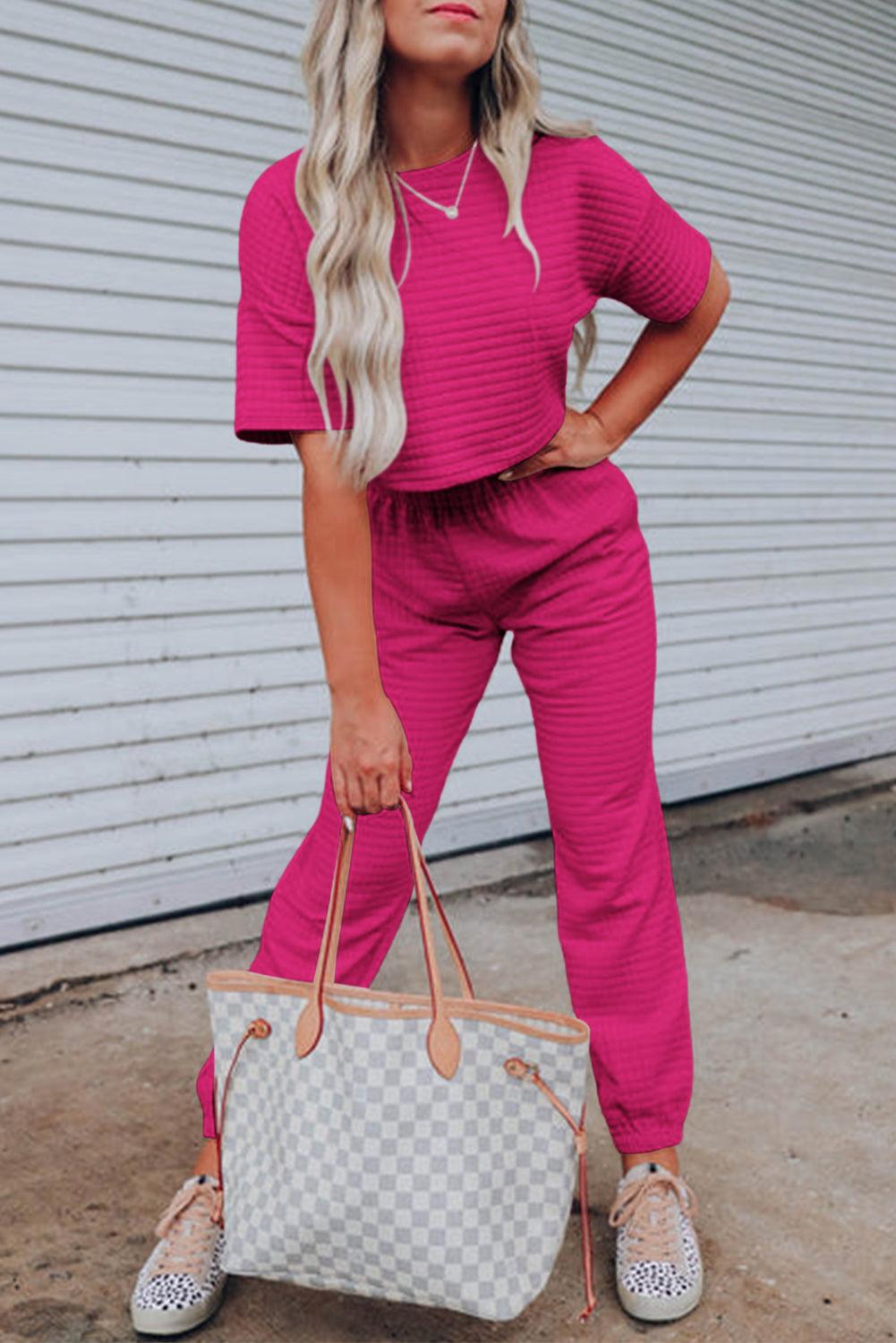 Rose Red Lattice Textured Cropped Tee and Jogger Pants Set - L & M Kee, LLC