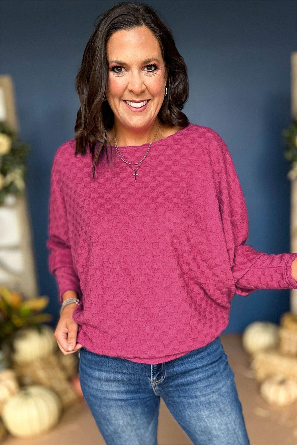 Bright Pink Checker Textured Dolman Sleeve Top - L & M Kee, LLC