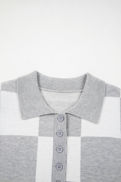 Gray Plus Size Checkered Pattern Button Polo Collar Split Sweater