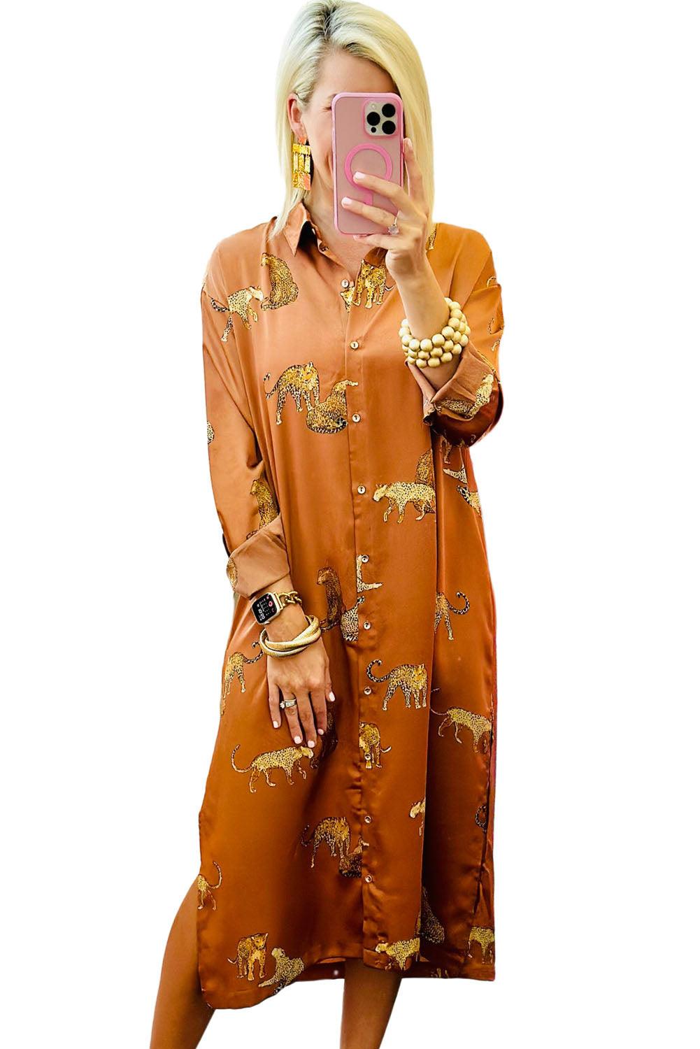 Khaki Yellow Cheetah Print Button-Up Split Shirt Dress - L & M Kee, LLC