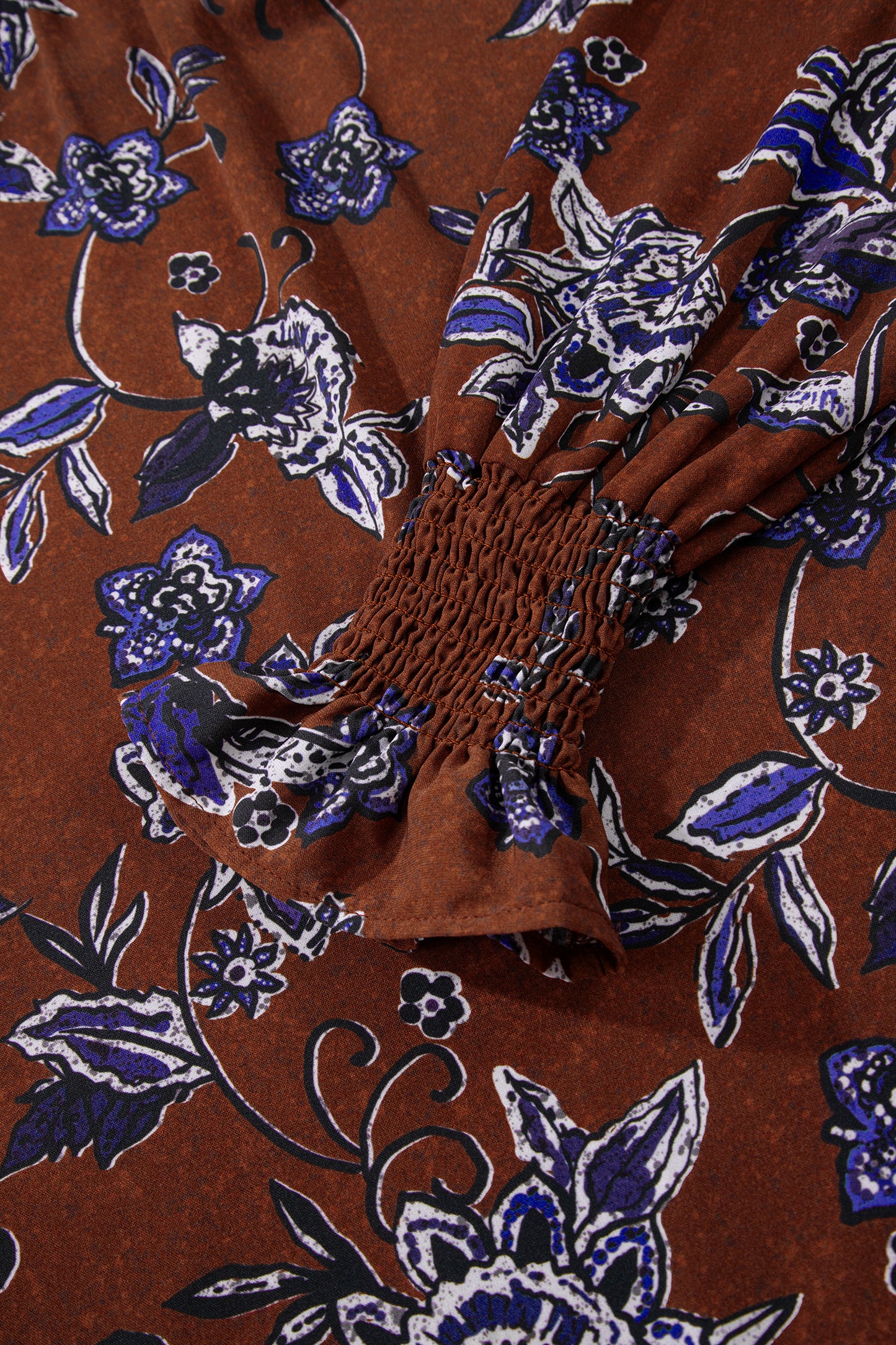 Brown Autumn Floral Print Smocked Cuffs Shift Blouse