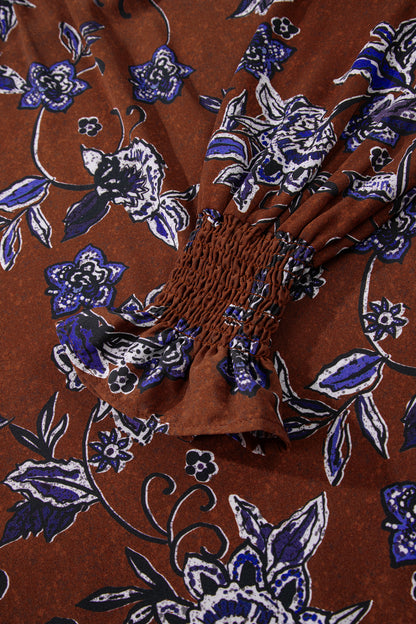 Brown Autumn Floral Print Smocked Cuffs Shift Blouse