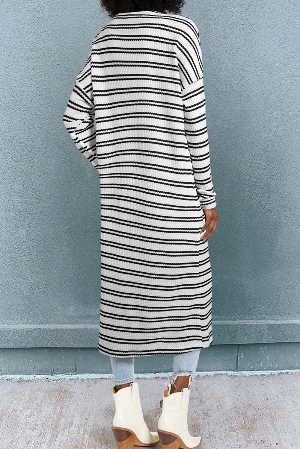 Black Stripe Print Open Front Duster Cardigan