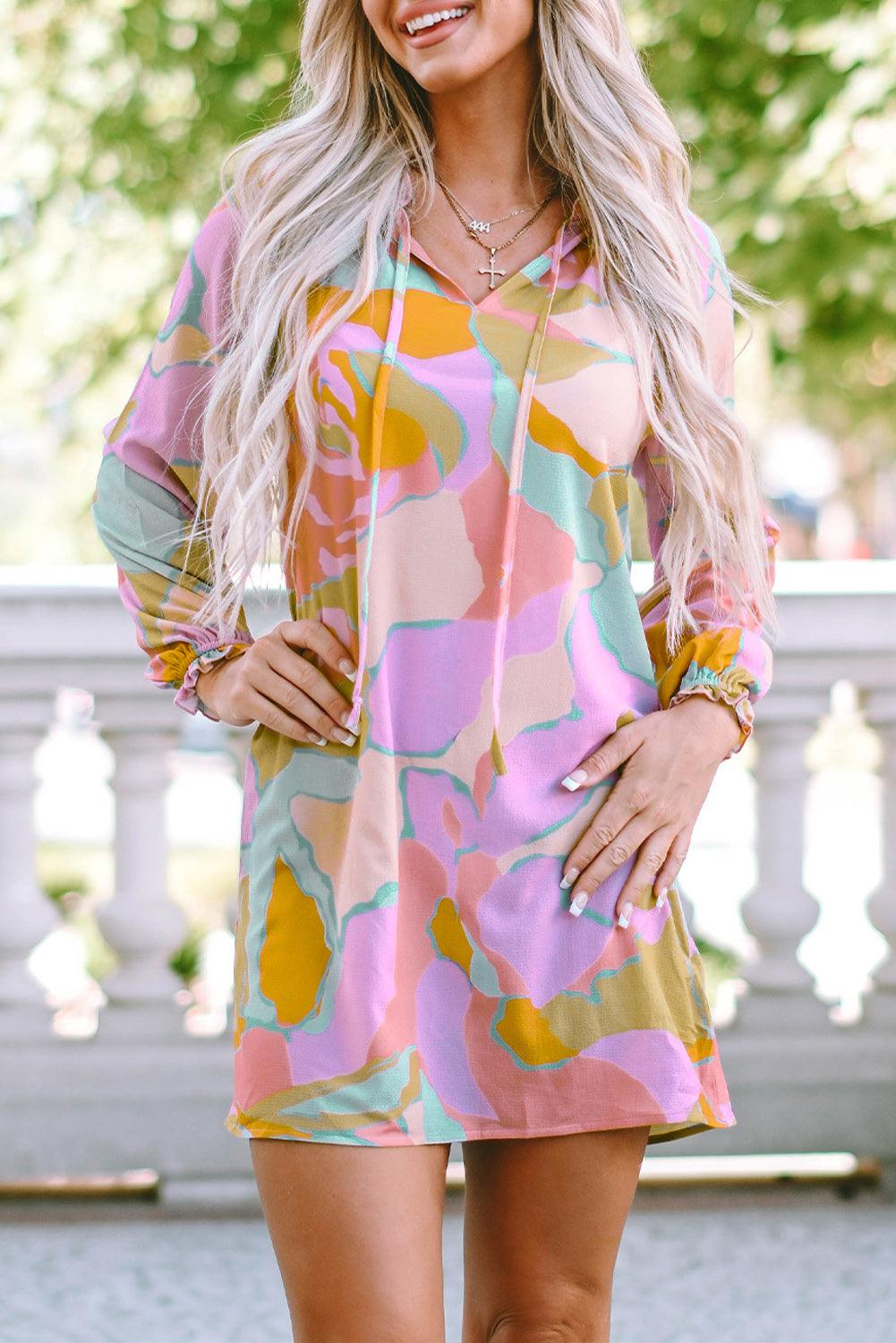 Multicolor Abstract Print Frill Split Neck Babydoll Mini Dress - L & M Kee, LLC