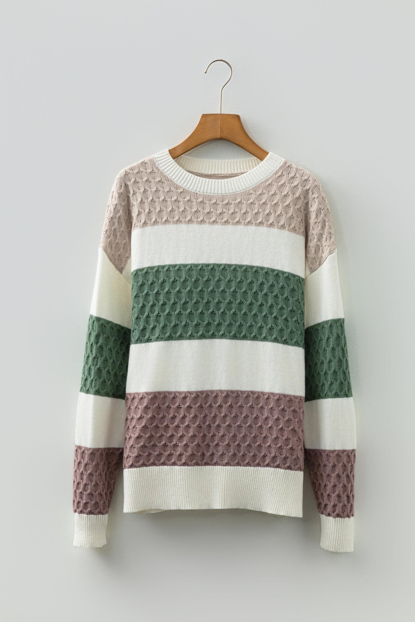 Green Mixed Texture Knit Striped Color Block Loose Sweater