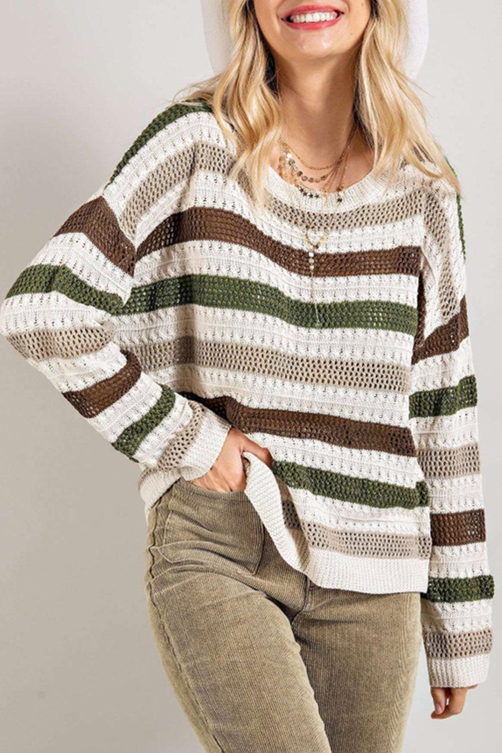 Stripe Crochet Hollow out Knit Sweater - L & M Kee, LLC