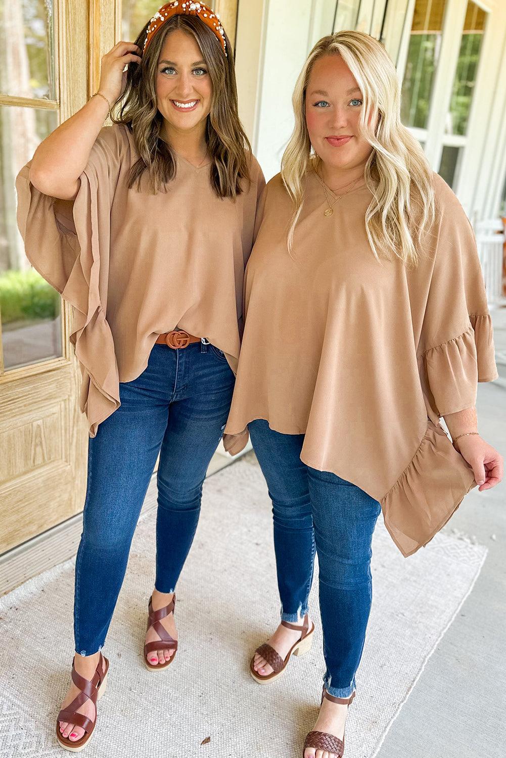 Smoke Gray Plus Size Ruffled Batwing Sleeve V Neck Blouse - L & M Kee, LLC