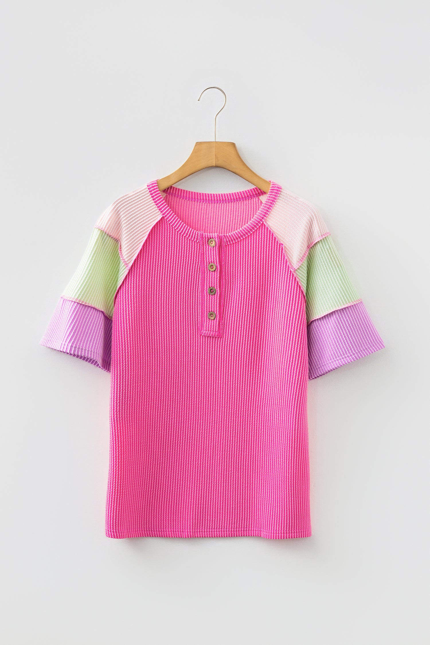 Bright Pink Twisted Ribbed Color Block Patchwork Henley Short Sleeve T Shirt