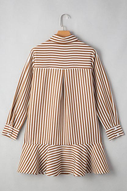Brown Stripe Ruffled Hem Collared Long Sleeve Shirt Mini Dress