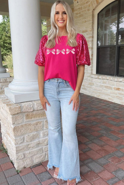 Rose Red Bow Tie Print Sequin Contrast Sleeve T Shirt - L & M Kee, LLC