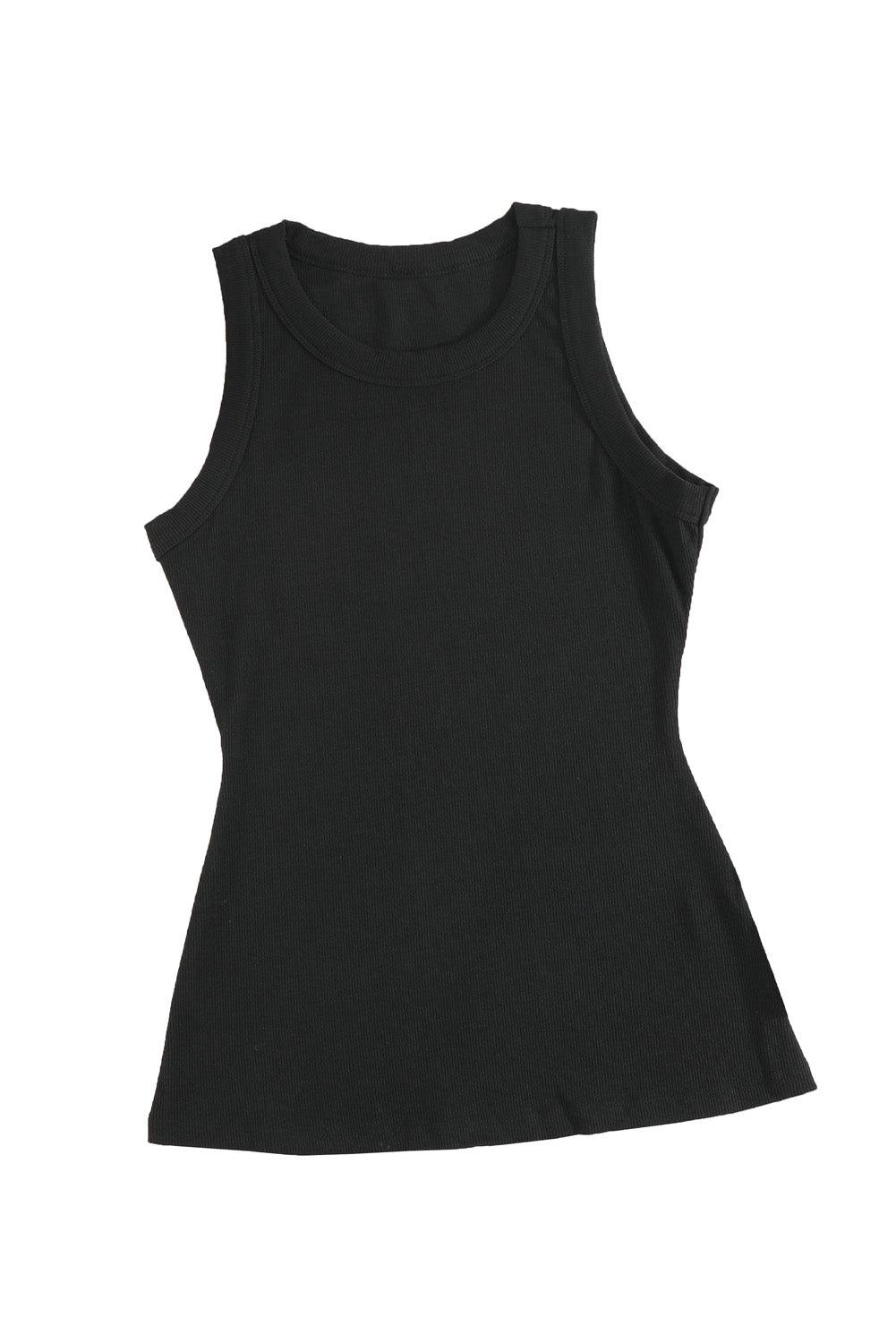 Solid Black Round Neck Ribbed Tank Top - L & M Kee, LLC