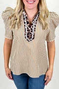 Brown Stripe Ricrac Trim Short Puff Sleeve Leopard Patchwork Collar V Neck Blouse