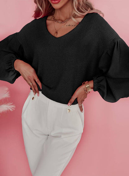 Black Waffle Knit Balloon Sleeve Splicing V Neck Top - L & M Kee, LLC