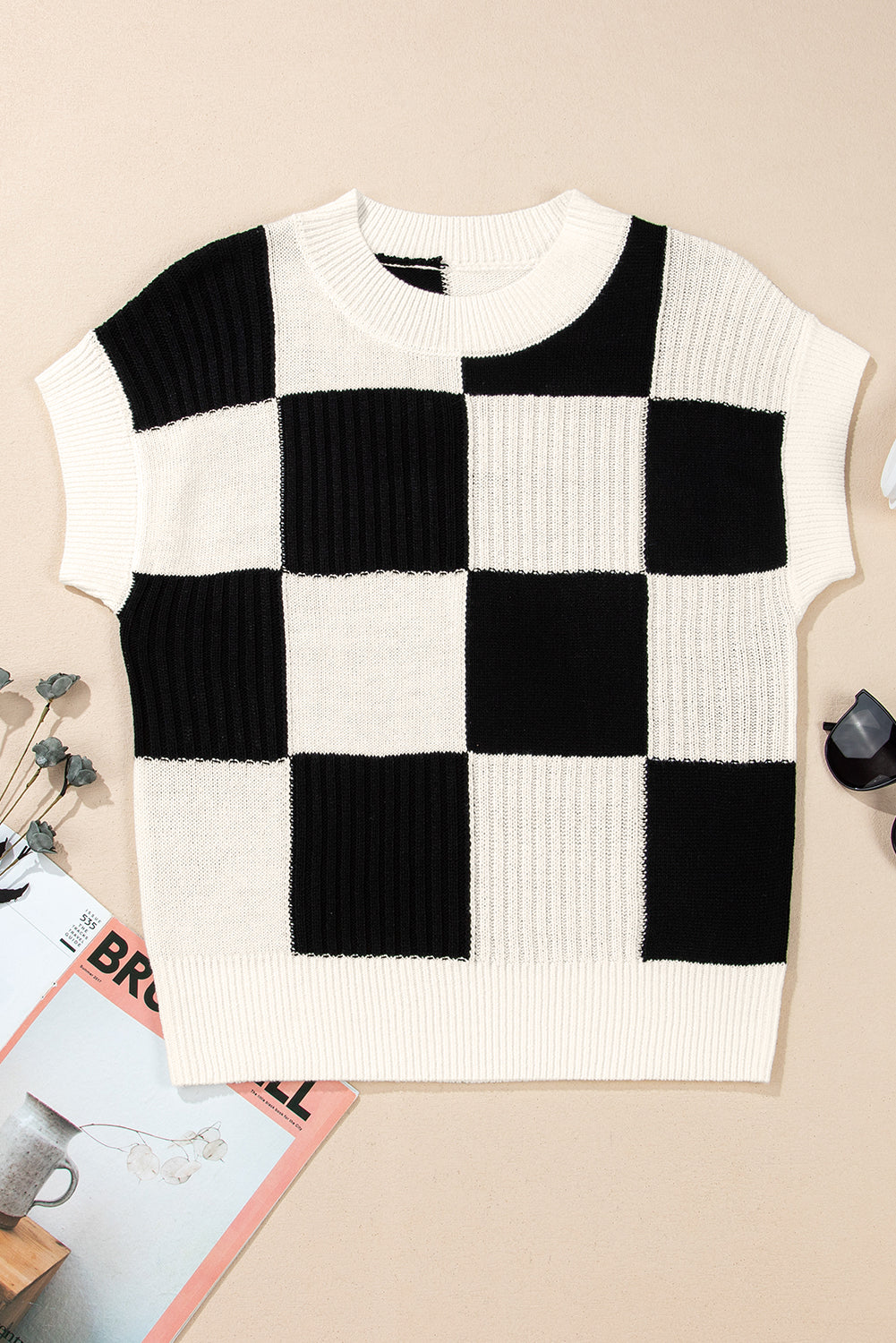 Black Checkered Color Block Crew Neck Short Sleeve Sweater