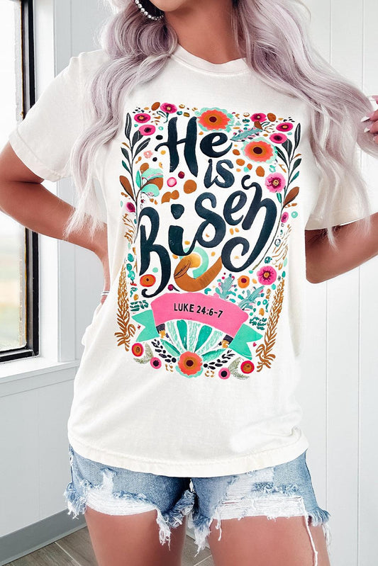 White He Is Risen Floral Print Round Neck T Shirt - L & M Kee, LLC
