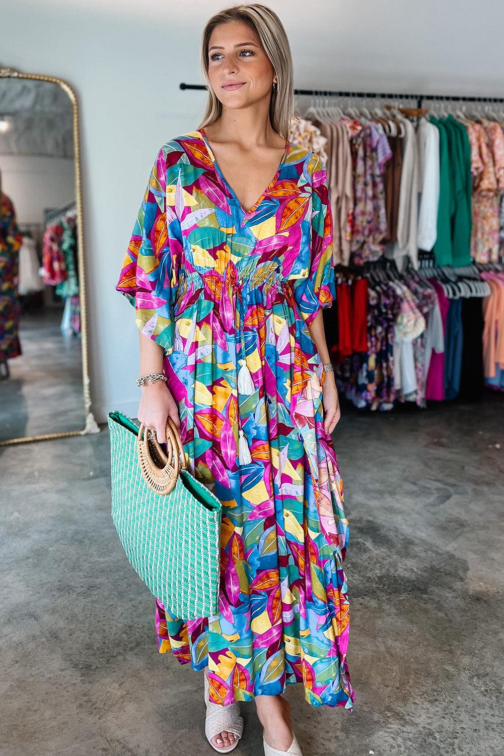 Multicolour Abstract Print High Waist V Neck Maxi Dress - L & M Kee, LLC