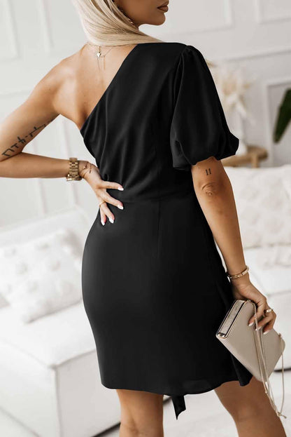 Black Asymmetric Bubble Sleeve Twist Knot Wrap Dress - L & M Kee, LLC