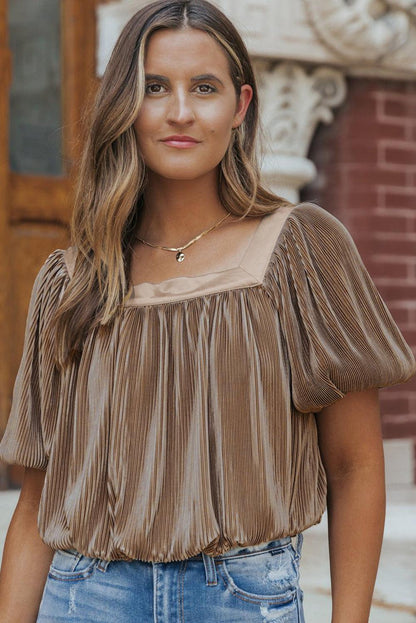 Simply Taupe Pleated Puff Sleeve Square Neck Blouse - L & M Kee, LLC