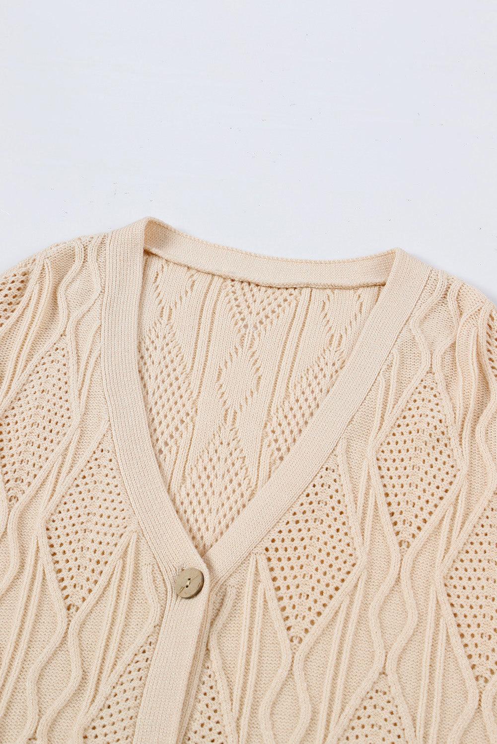 Apricot Plus Size Knitted Hollow out Button up Cardigan - L & M Kee, LLC