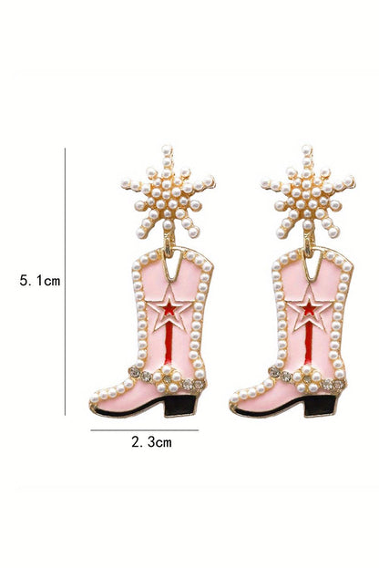 Strawberry Pink Pearl Decor Boots Shape Dangle Stud Earrings - L & M Kee, LLC