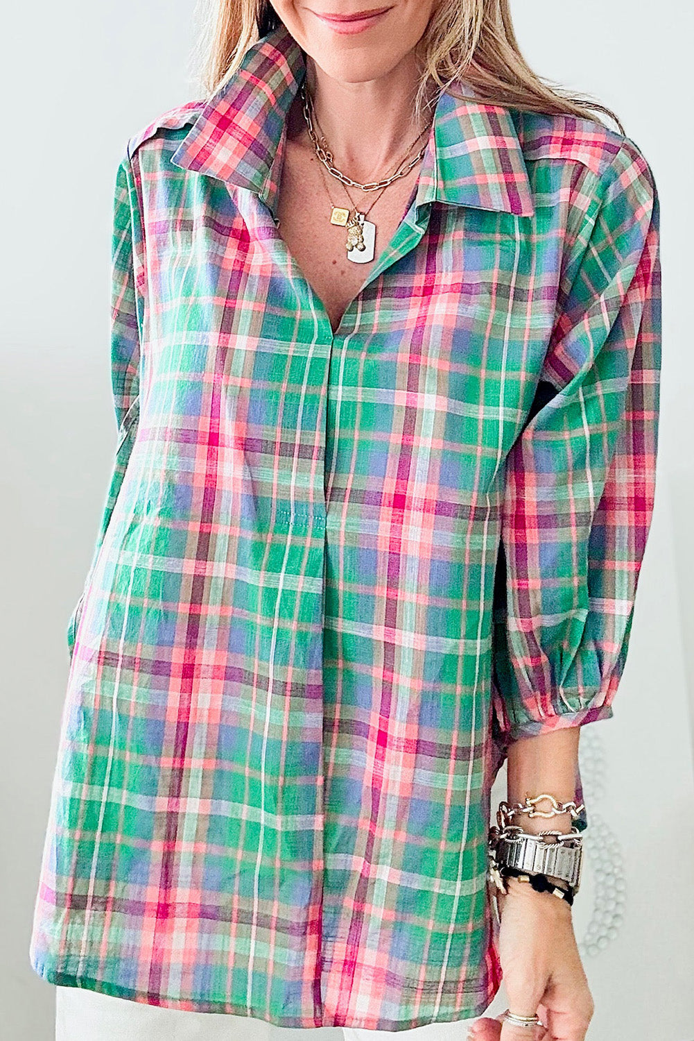 Green Checkered 3/4 Sleeve Collared Loose Fit Shirt