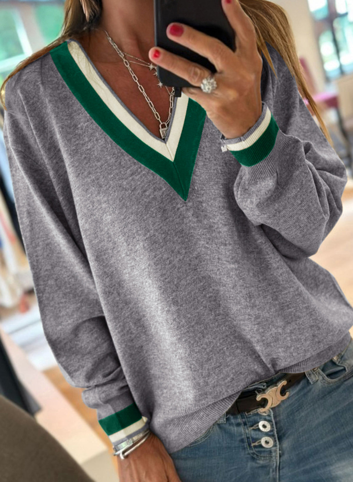 Gray Contrast Striped Trim V Neck Varsity Sweater