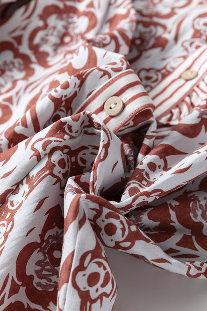 Floral Print Frilled Striped Trim Button Down Smocked Cuffs Long Sleeve Shirt