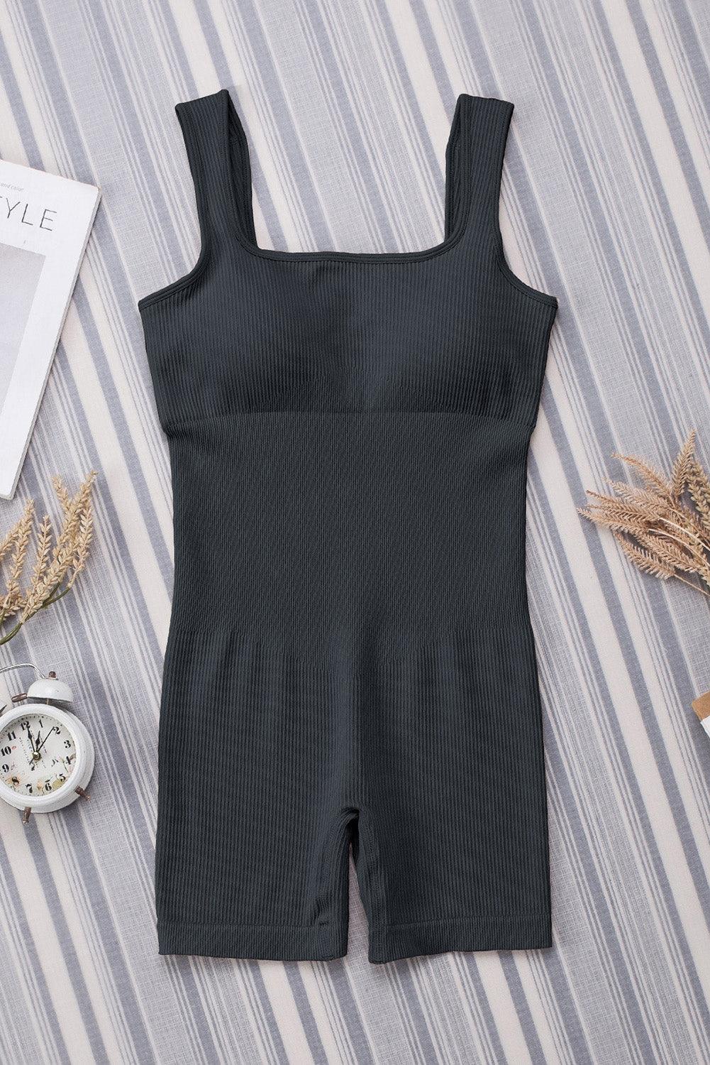 Gray Ribbed Square Neck Padded Sports Romper - L & M Kee, LLC