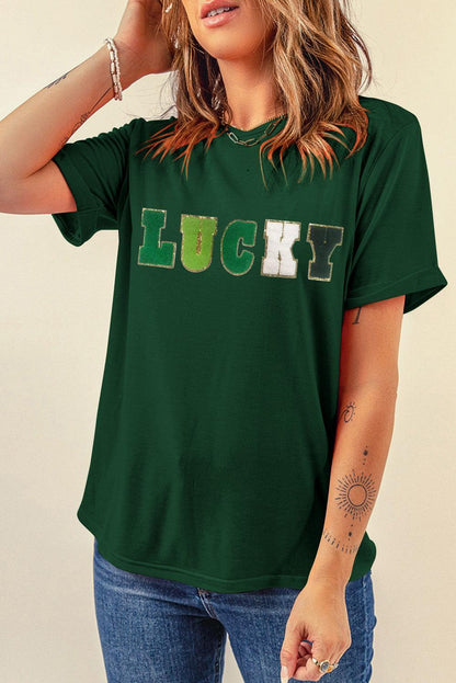 Green LUCKY Glitter Chenille Patched Crew Neck T Shirt - L & M Kee, LLC