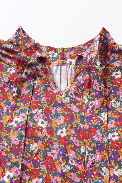 Purple Floral Print Knotted High Neck Puff Sleeve Blouse - L & M Kee, LLC