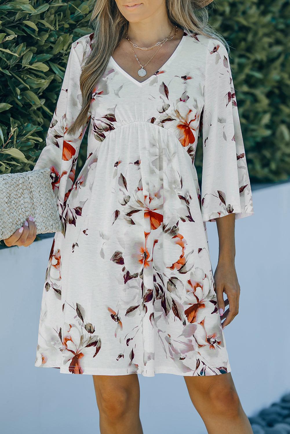 V Neck 3/4 Sleeve Floral Dress - L & M Kee, LLC