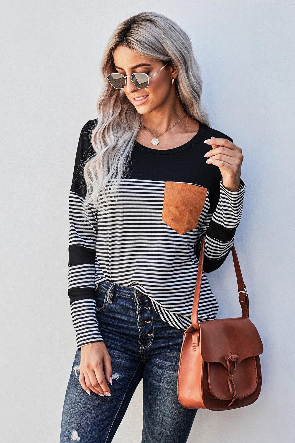 Black Pinstripe Patch Pocket Top - L & M Kee, LLC