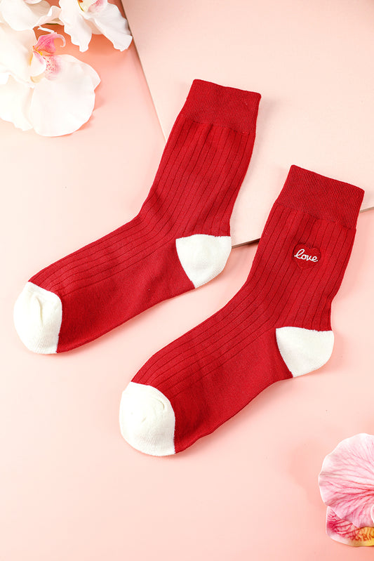 Racing Red Love Embroidered Ribbed Color Block Crew Socks