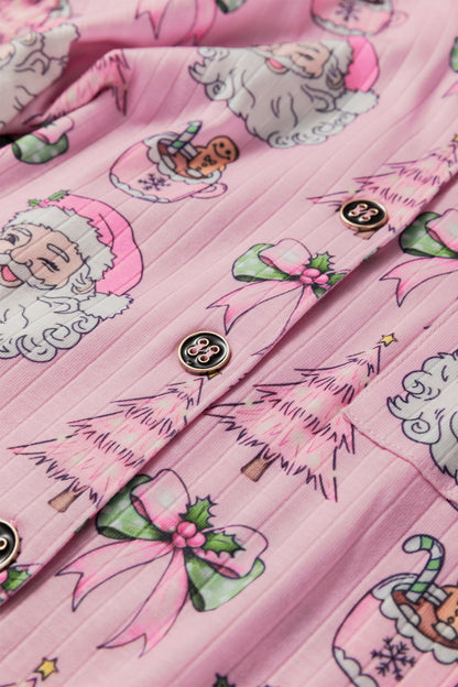 Pink Christmas Print Ruffled Ribbed Shirt & Pants 2 Piece PJ Set