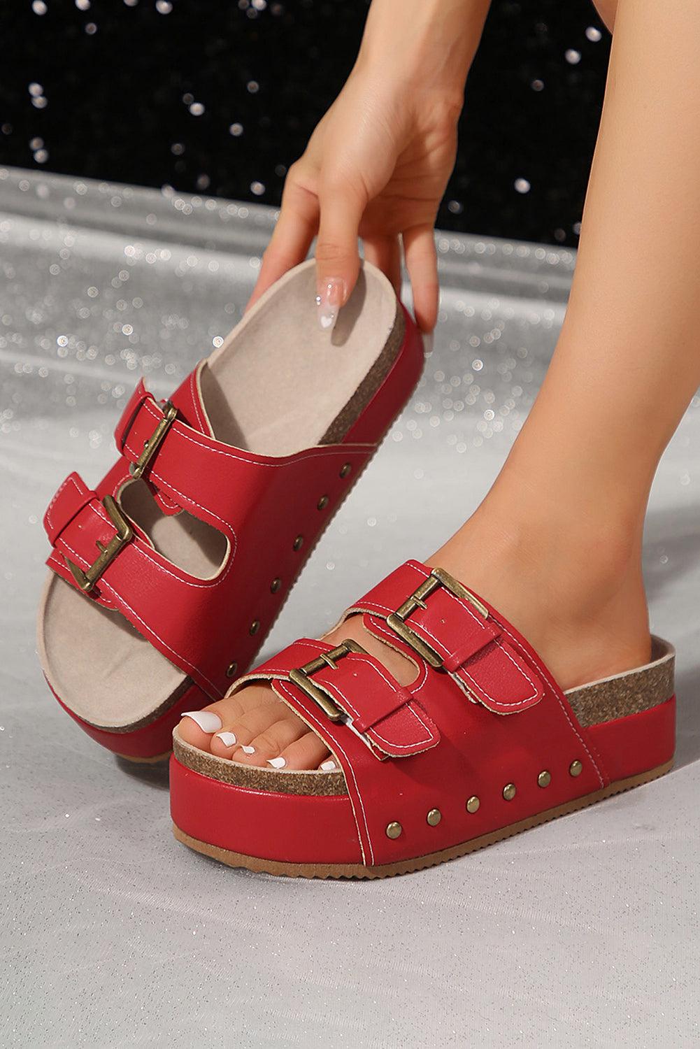Fiery Red Dual Buckle Studded Platform Sandal Slippers - L & M Kee, LLC