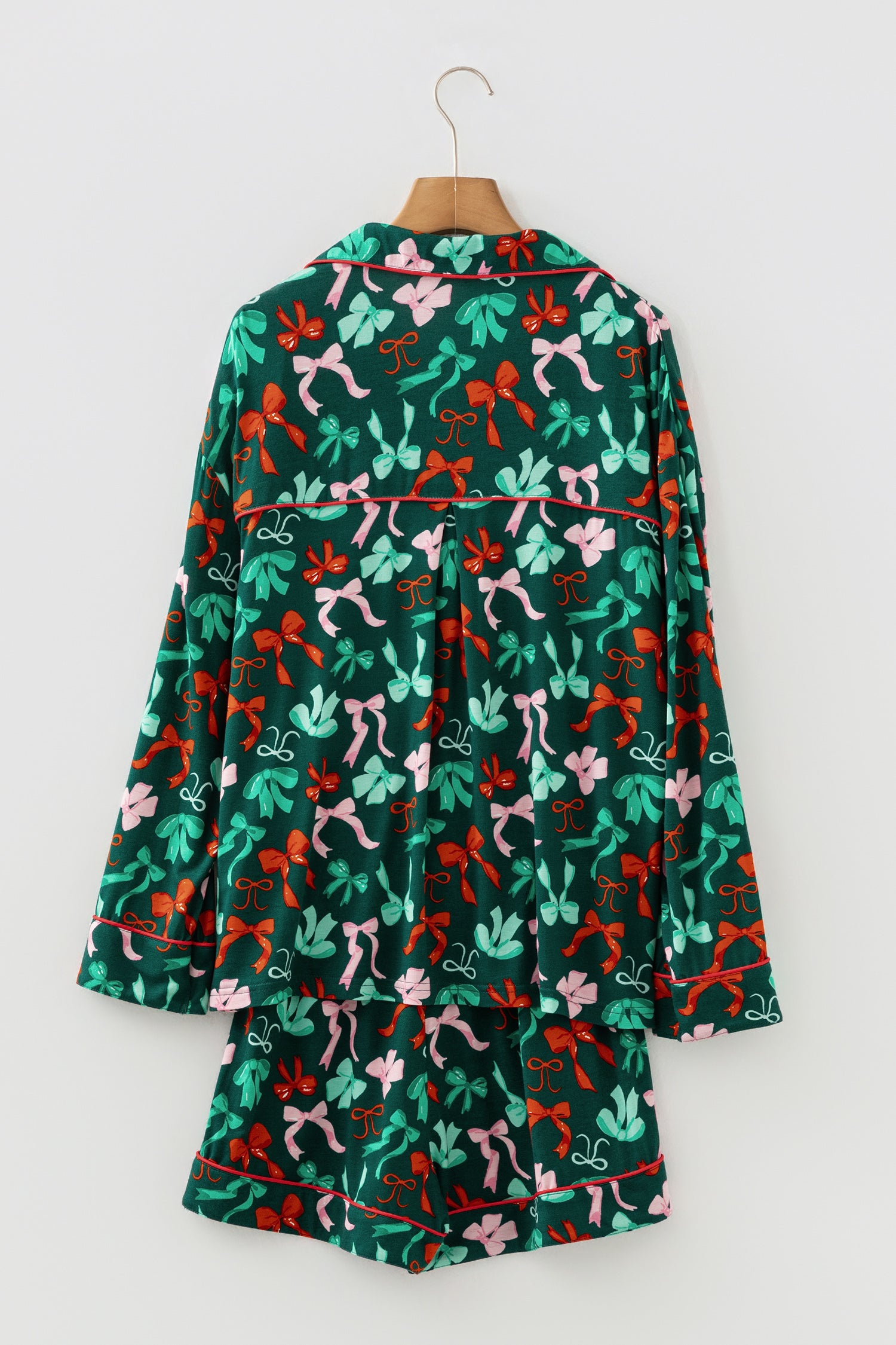 Green Festive Bow Print Long Sleeve Shirt and Pajama Short Set